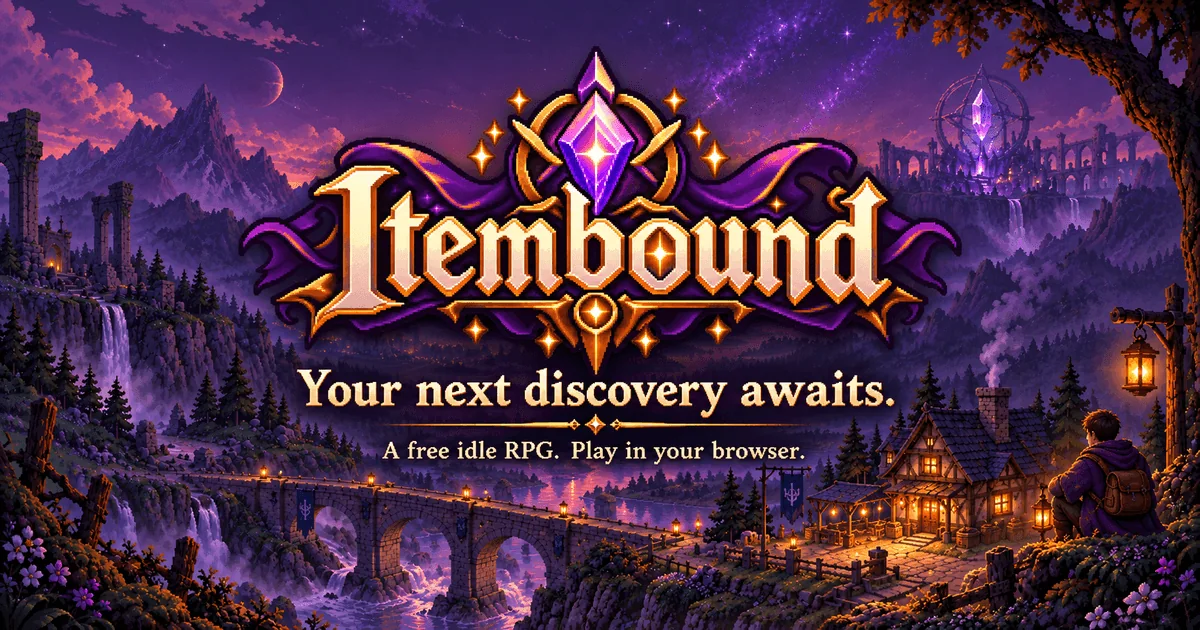 Itembound official artwork with its title, a fantasy landscape, and invitation to play